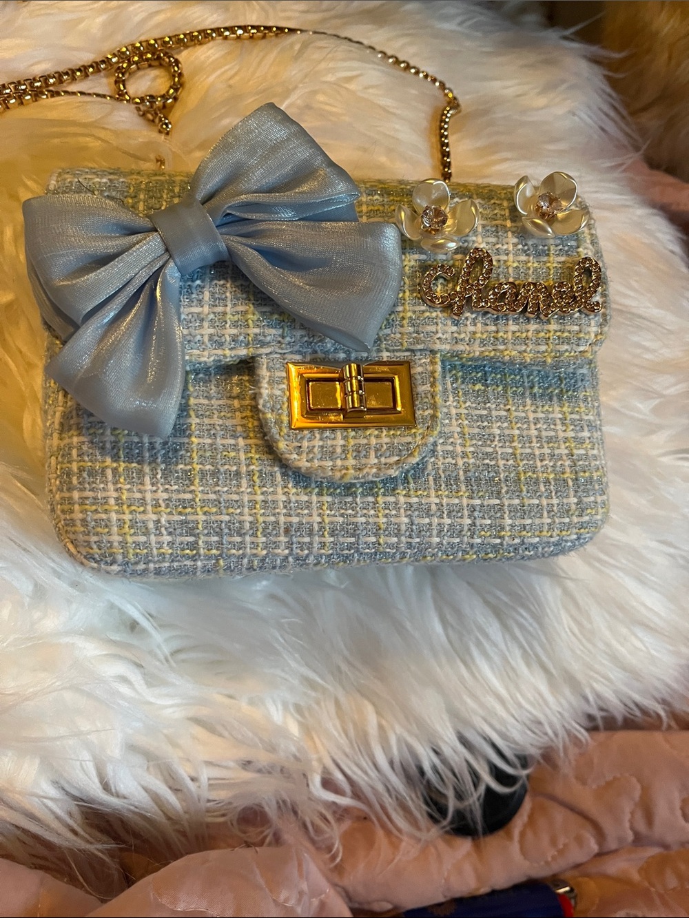 Hand Crafted Light Blue Tweed Bow Crossbody Bag with Gold Hardware